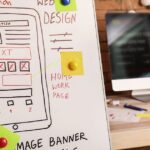 ホームぺージデザイン案が書かれたボードどパソコン