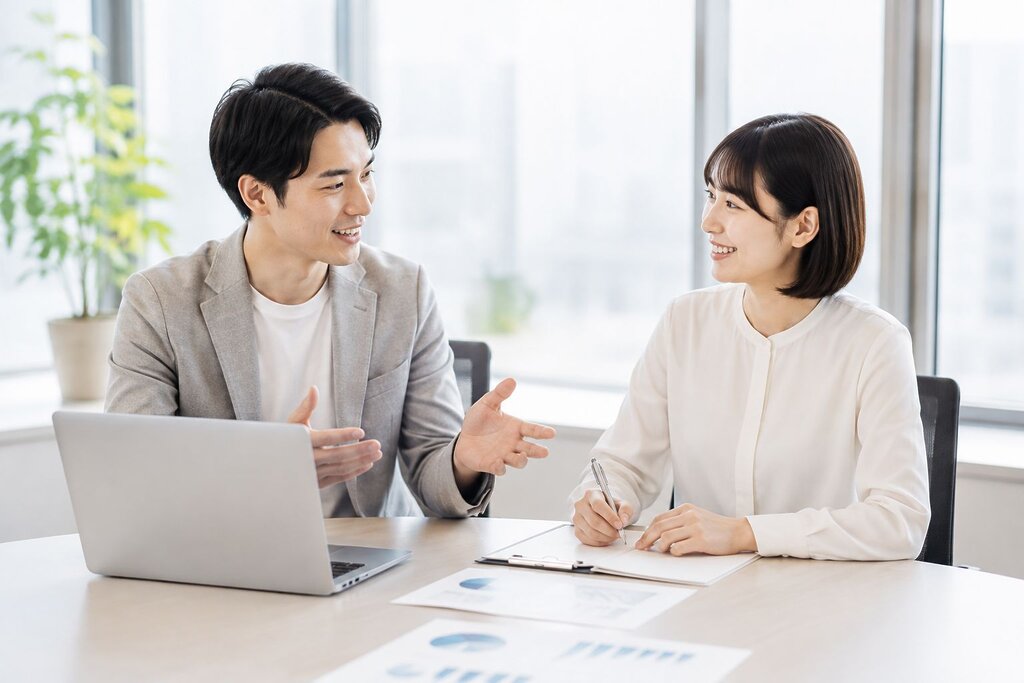 ホームページの修正を行う2人の社員